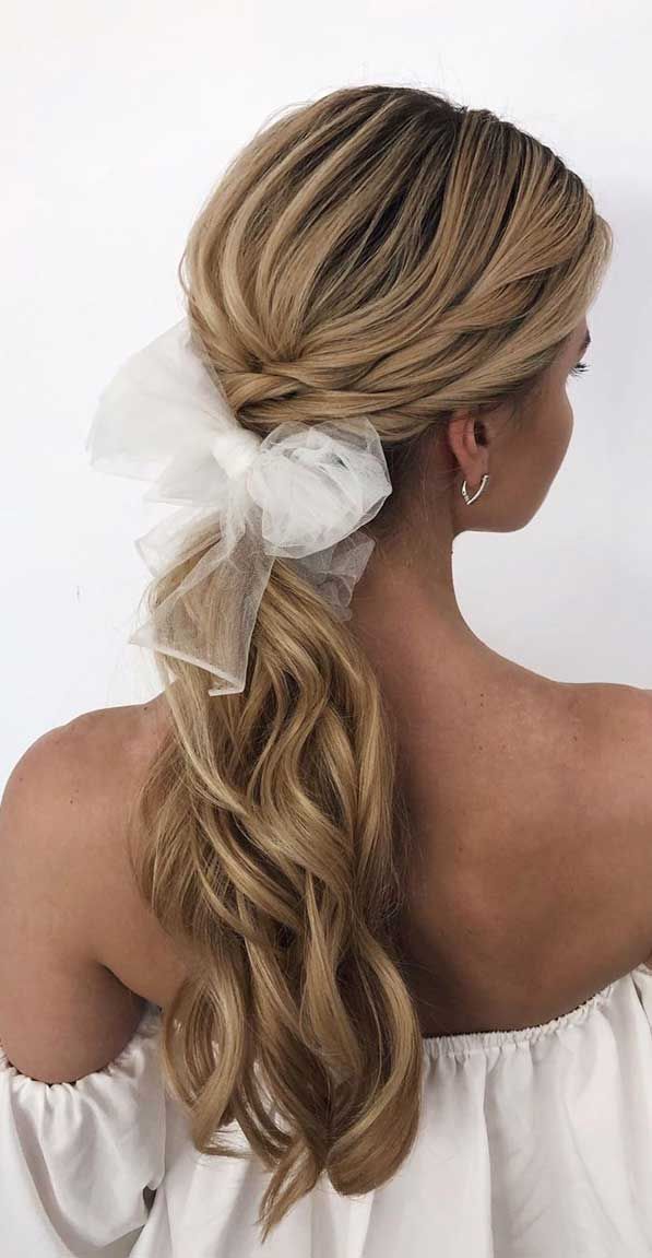 Honey Blonde Low Ponytail With Sheer Bow — Low Ponytail with Bow