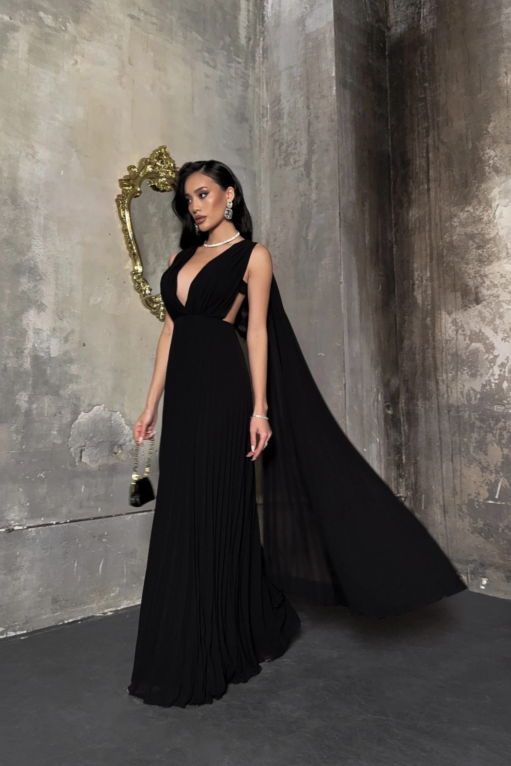 Black Pleated Gown with a Dramatic Flowing Cape Black Pleated Gown with a Dramatic Flowing Cape — Opera Outfits