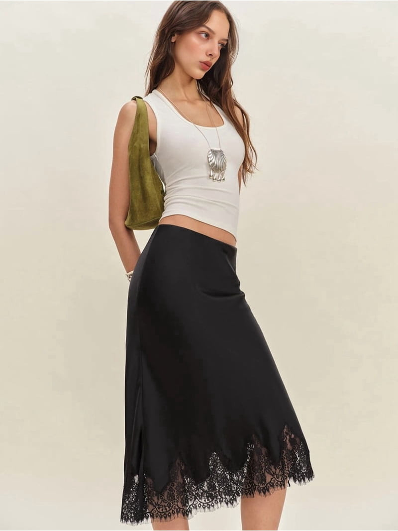 Elegant Black Satin A-Line Midi Skirt with Lace Hem — A Line Skirts
