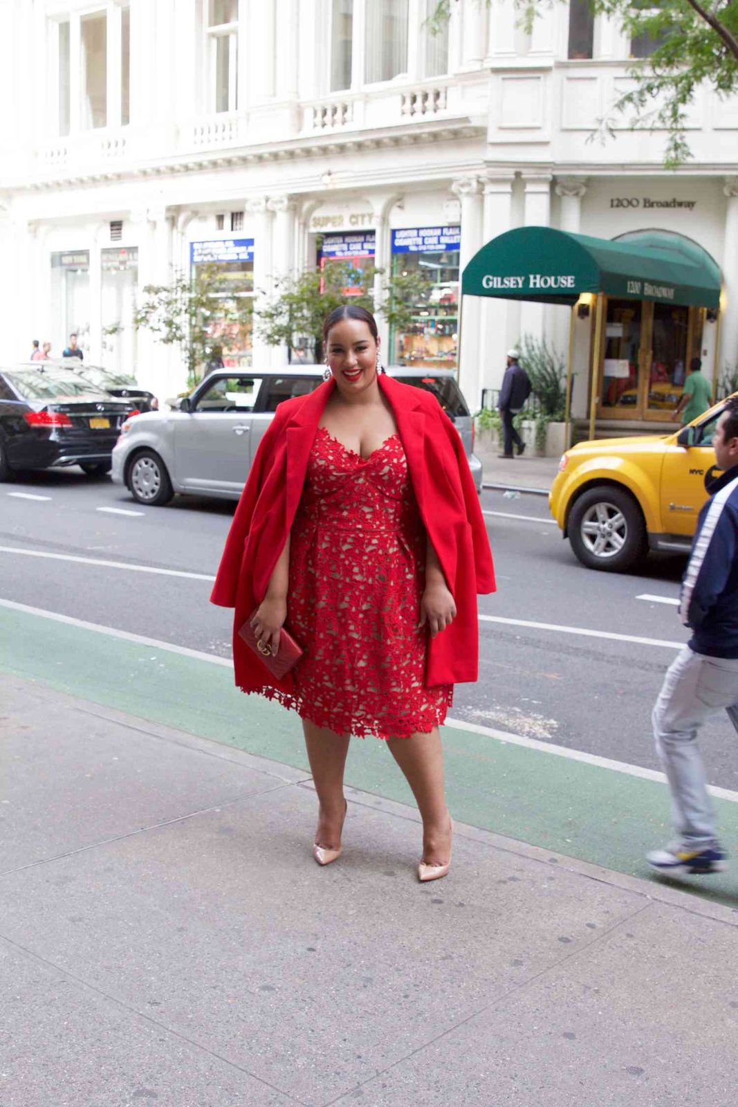Vibrant Red Lace Dress with Oversized Coat Vibrant Red Lace Dress with Oversized Coat — Broadway Outfits