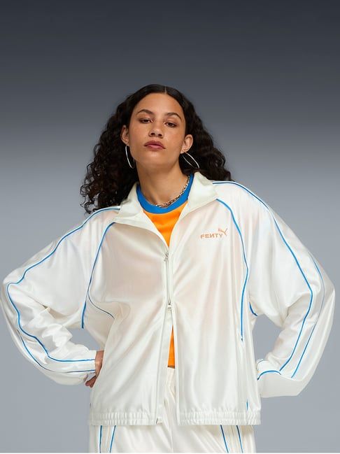 White Track Jacket with Blue Piping and Matching Pants — Track Jacket Outfits