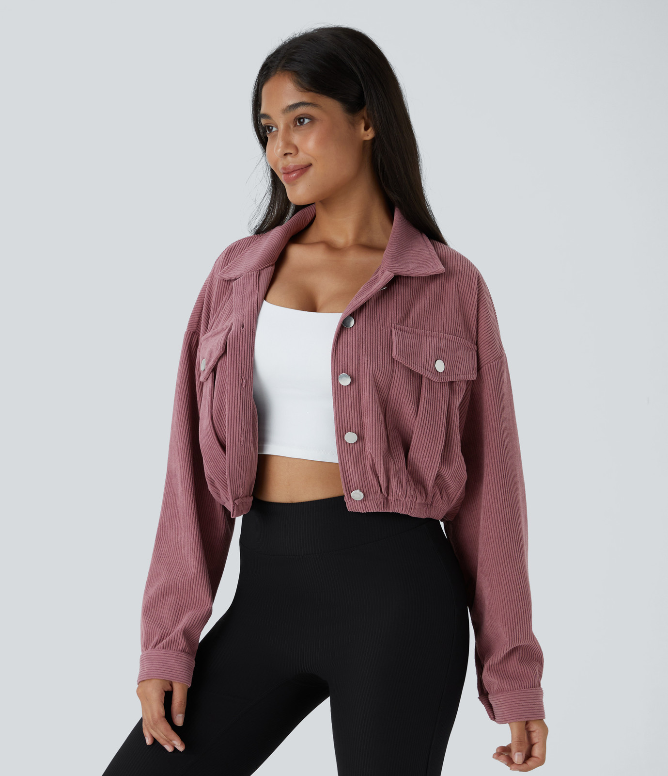 Rose Corduroy Cropped Jacket Over White Tank and Leggings — Outfits for Athletic Build