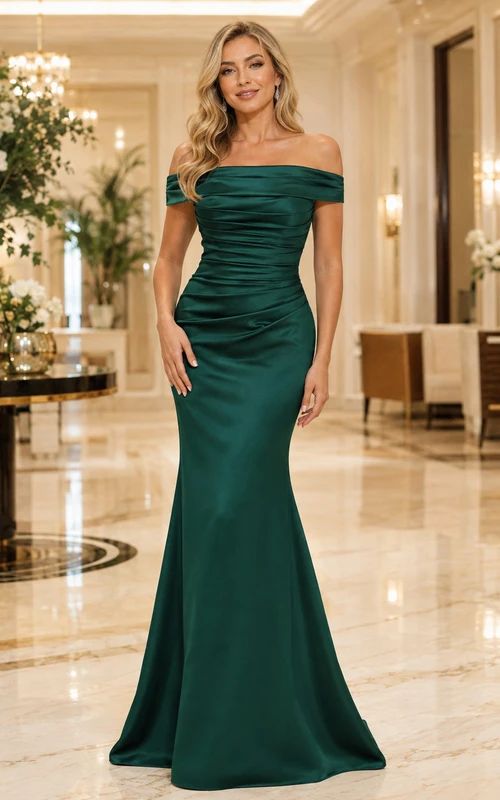 Emerald Green Satin Off-the-Shoulder Mermaid Dress — Semi Formal Dresses