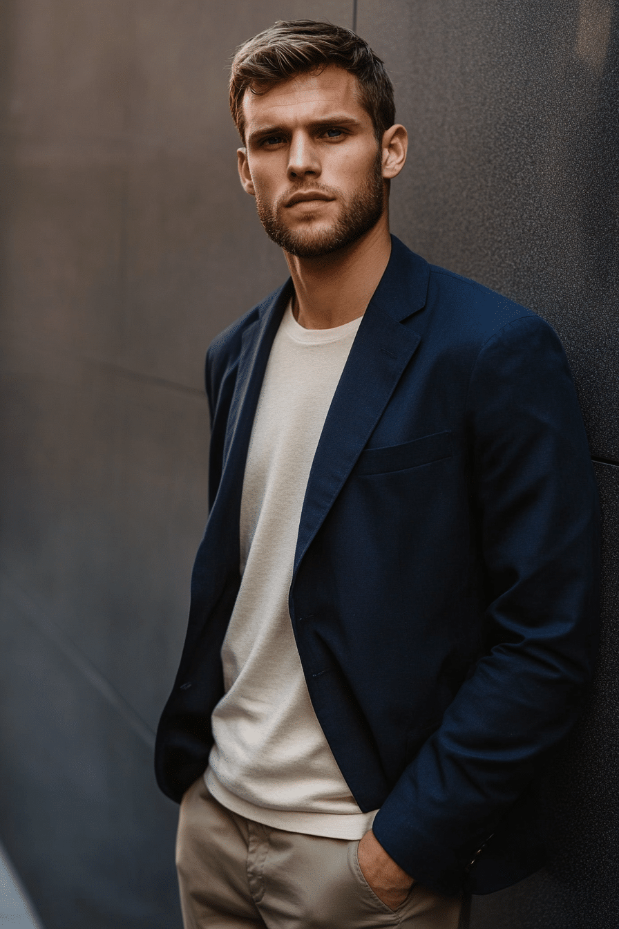 Navy Blazer Over Cream T-Shirt Navy Blazer Over Cream T-Shirt — Outfits for Men