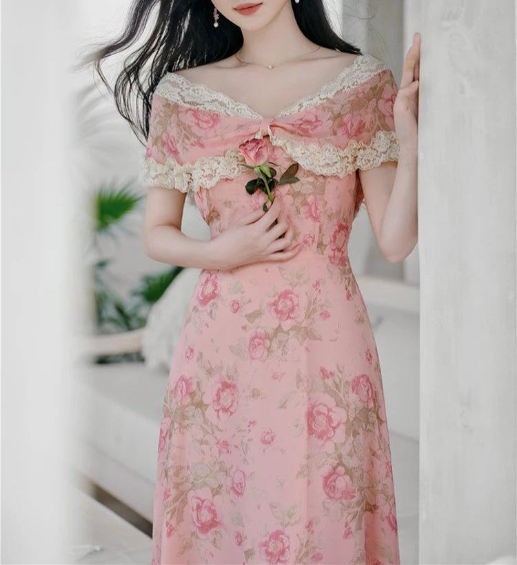Pink Floral Dress with Lace Neckline and Sleeves — Princesscore Outfits