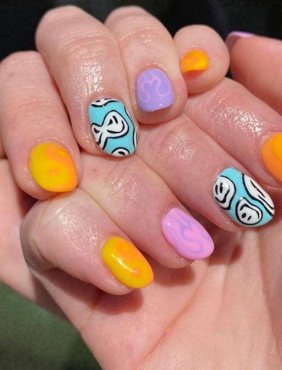 Abstract Wavy Lines And Smiley Faces Visual Idea — Smiley Face Nails