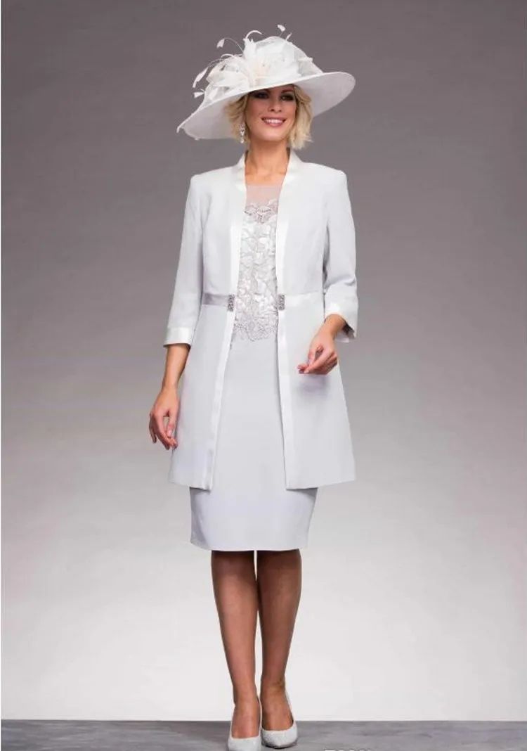 Classic White Jacket and Dress with Embellished Neckline — Grandmother of the Bride Outfits