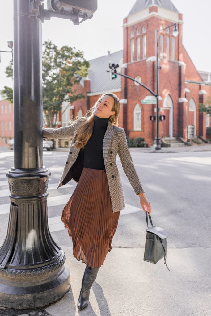 Work or Casual: Brown Pleated Midi Skirt with Turtleneck and Blazer — Pleated Skirt Outfits