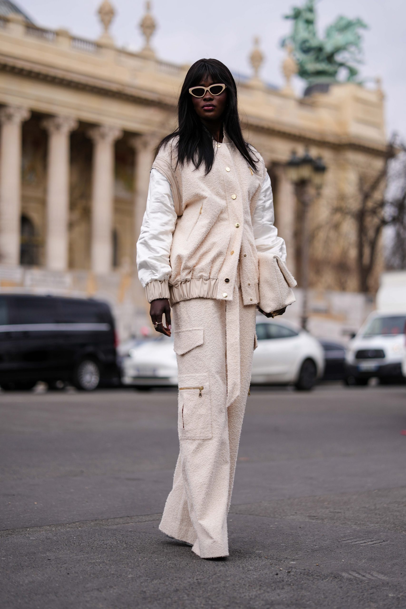 Cream Bouclé Bomber with Satin Sleeves — Monochrome Outfits