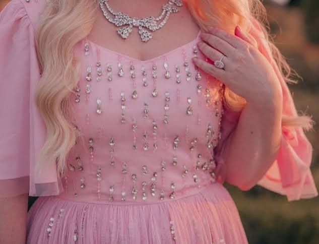 Pink Embellished Tulle Dress with Ruffled Neckline Pink Embellished Tulle Dress with Ruffled Neckline — Soft Girl Outfits
