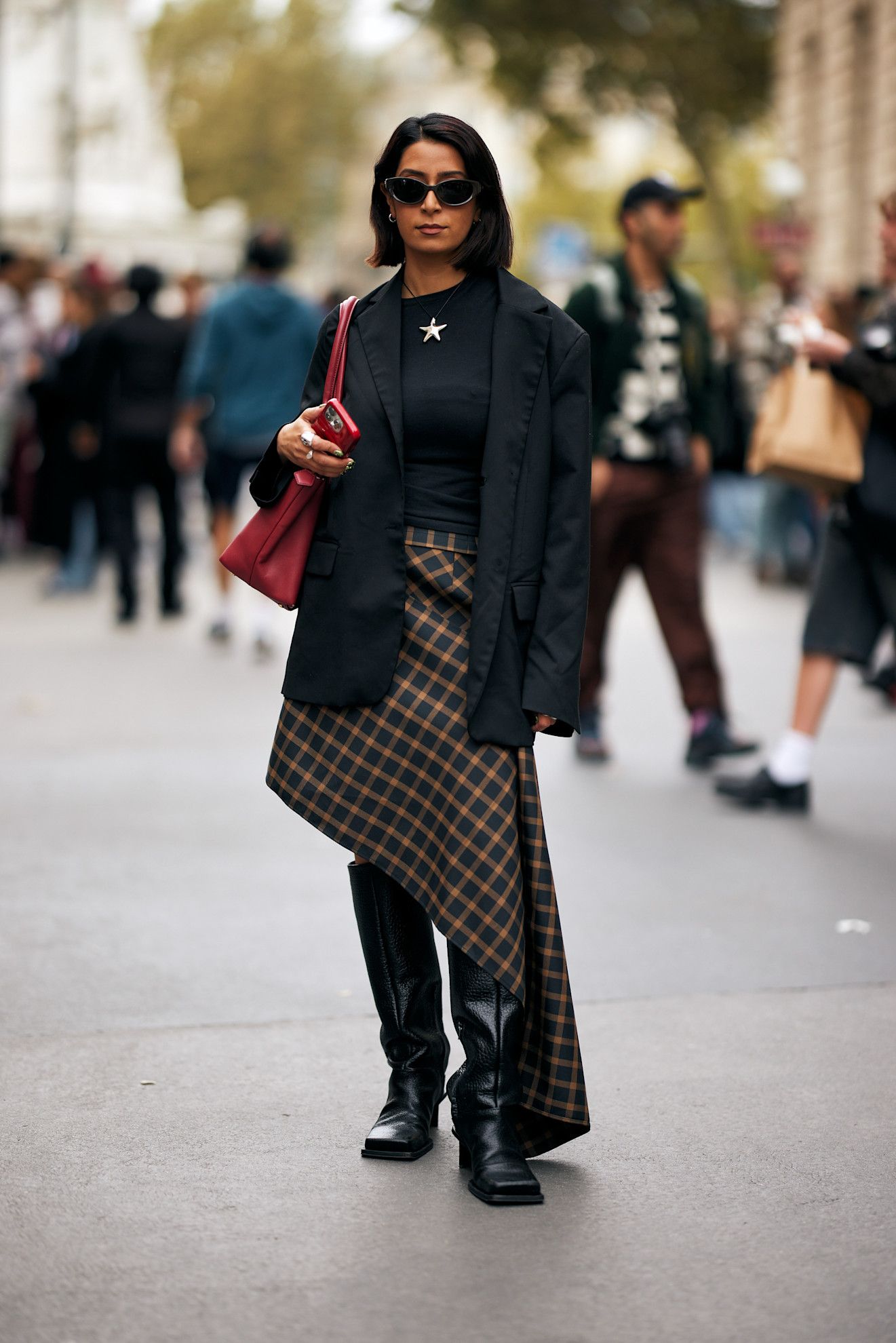 Plaid Asymmetrical Midi Skirt with Blazer for Edgy Fall Style — Skirt Outfits