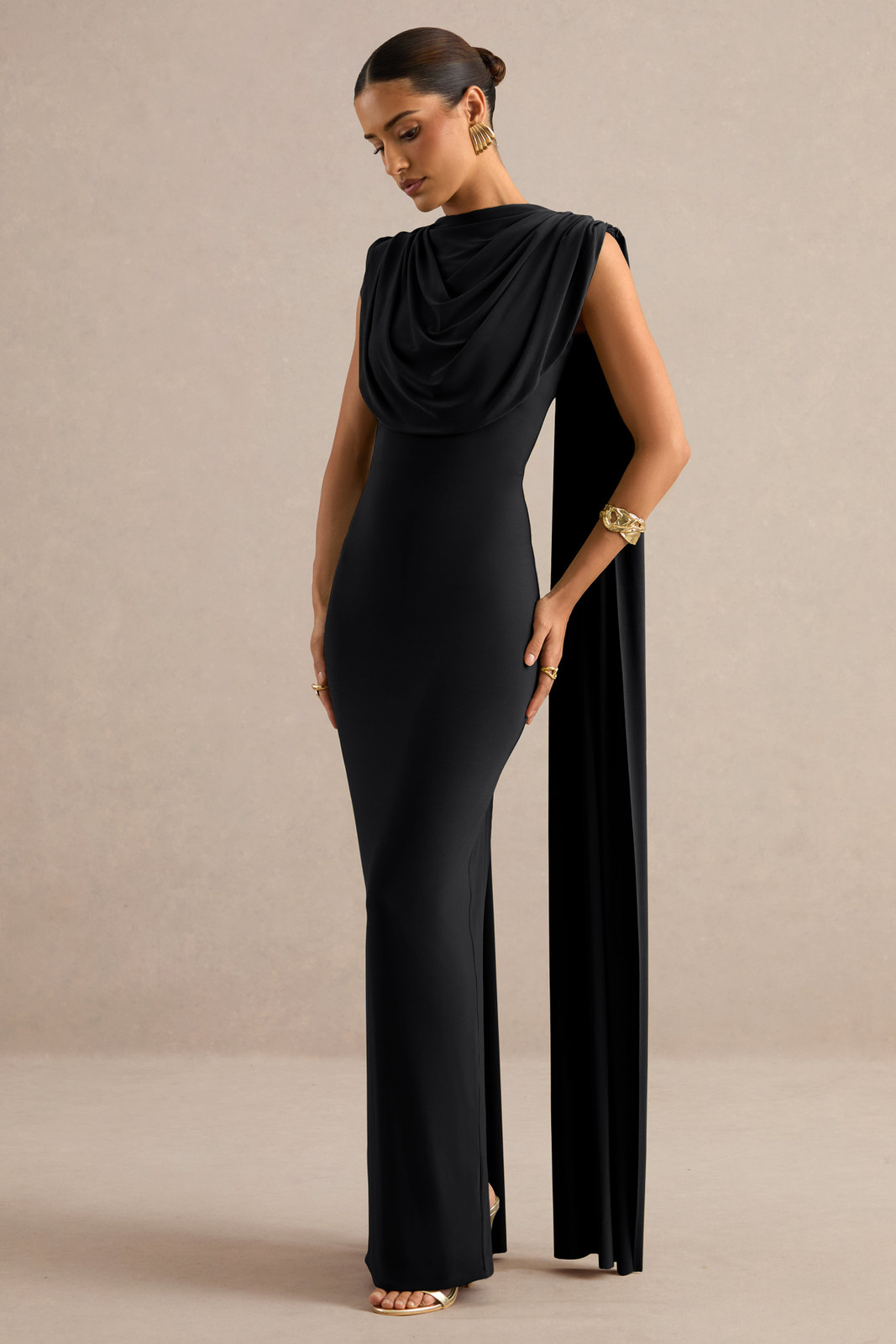 Fitted Gown with Draped Cowl Neck and Attached Cape — Black Tie Dresses