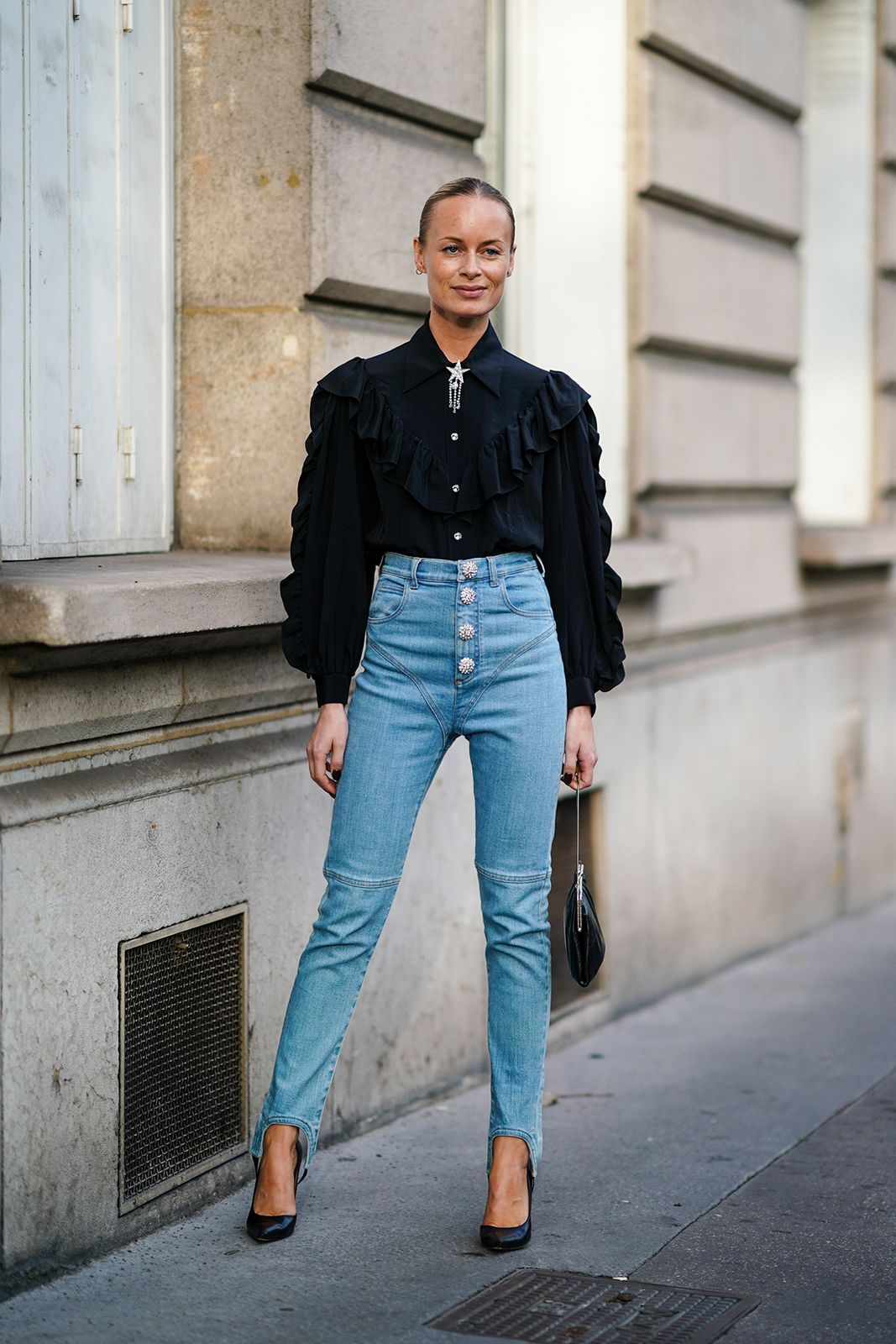 Dramatic Flair: High-Waisted Jeans with a Ruffled Blouse — Outfits for Skinny Girls