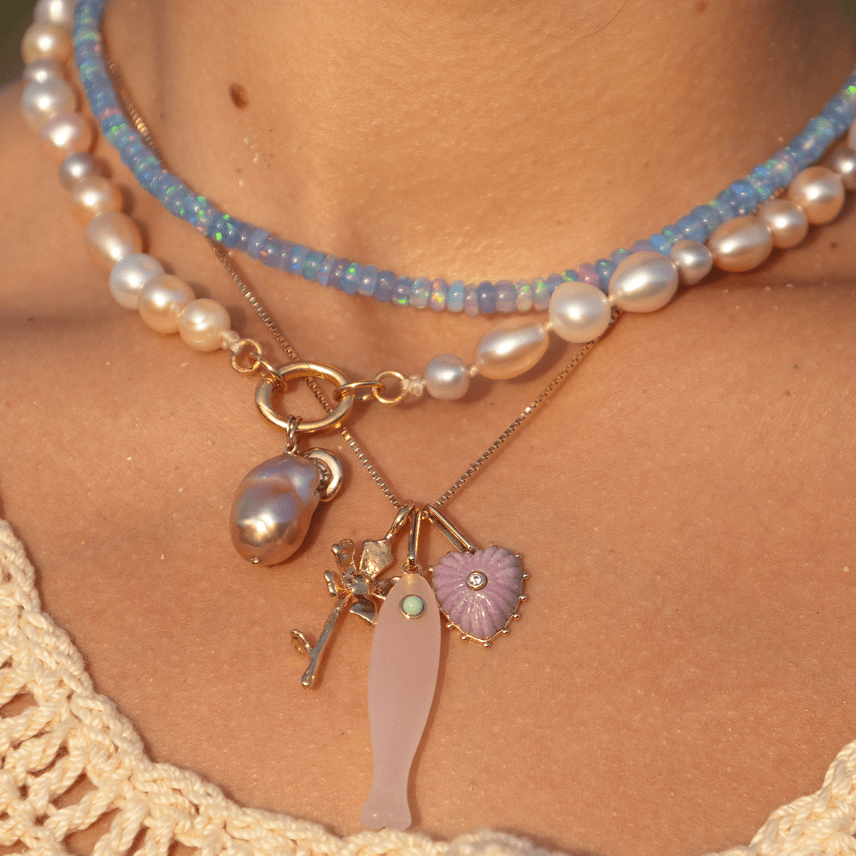 Crocheted Fabric Outfit Idea — Pearl Jewelry