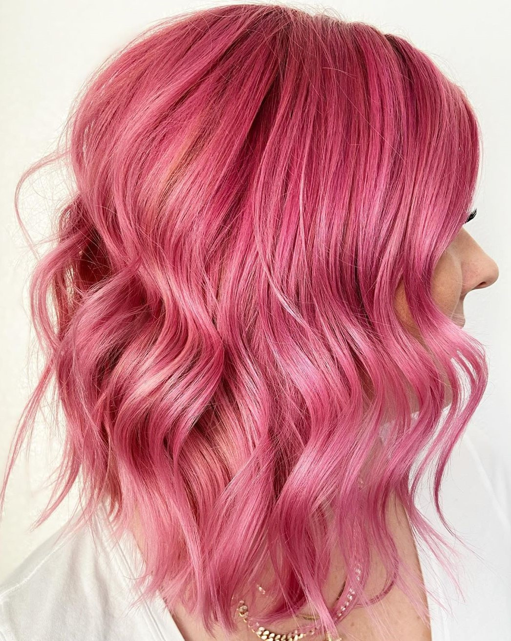 Textured Wavy Angled Bob — Bubblegum Pink Hair