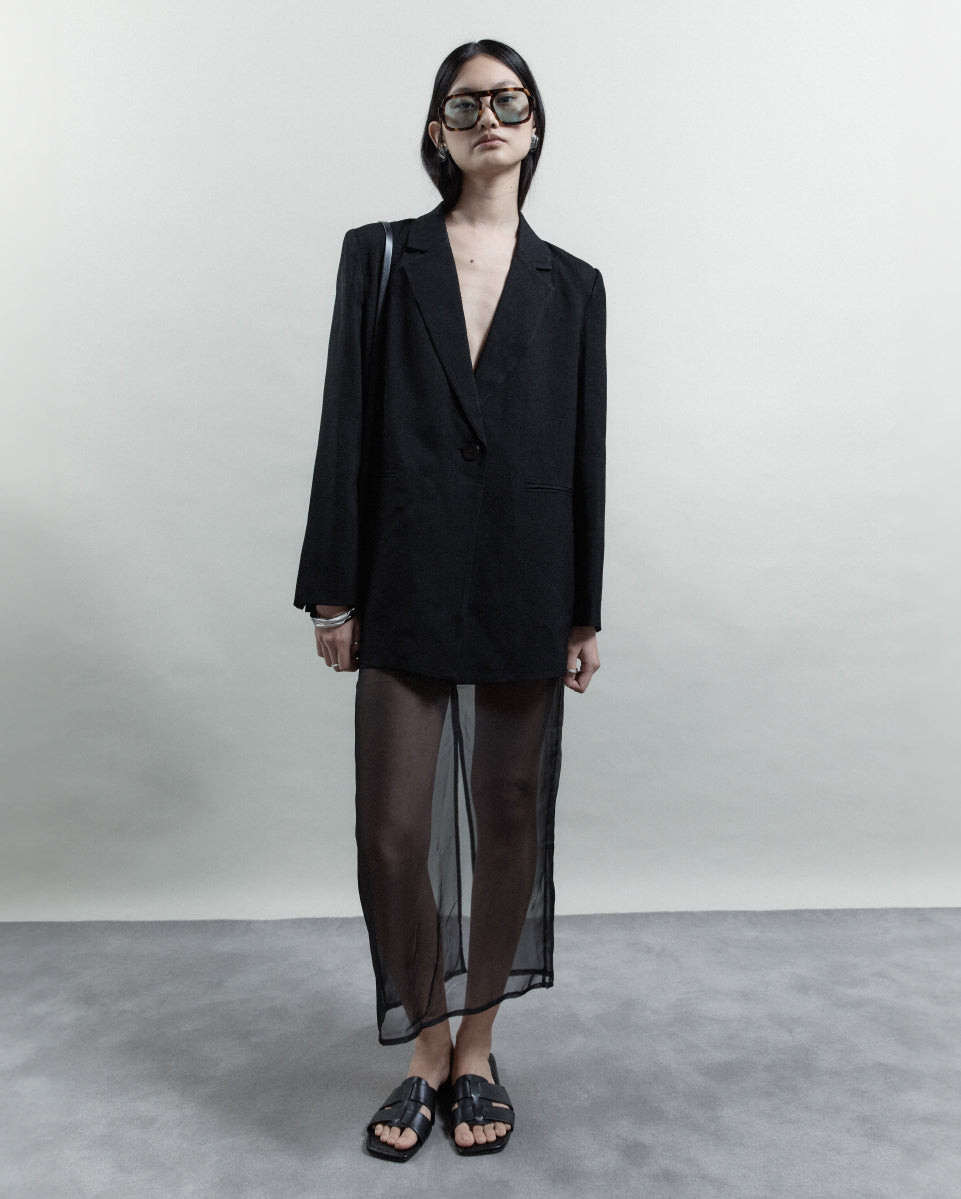 Oversized Black Blazer Over Sheer Dress for a Modern Smart Casual Look — Smart Casual Outfits