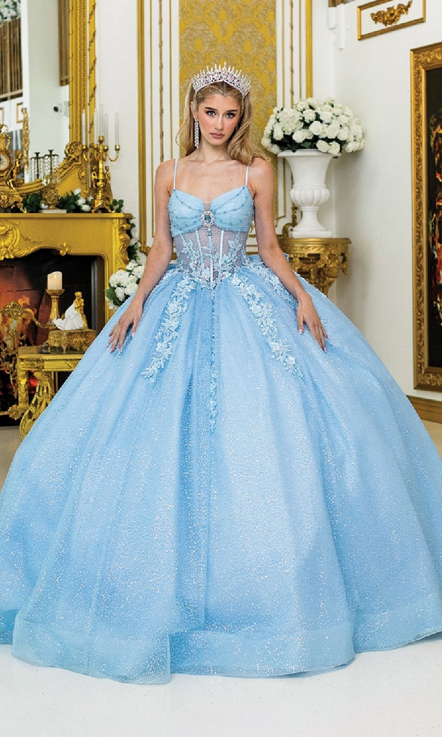 Light Blue Strappy Ballgown with Glitter Tulle Skirt Light Blue Strappy Ballgown with Glitter Tulle Skirt — Quinceanera Dresses