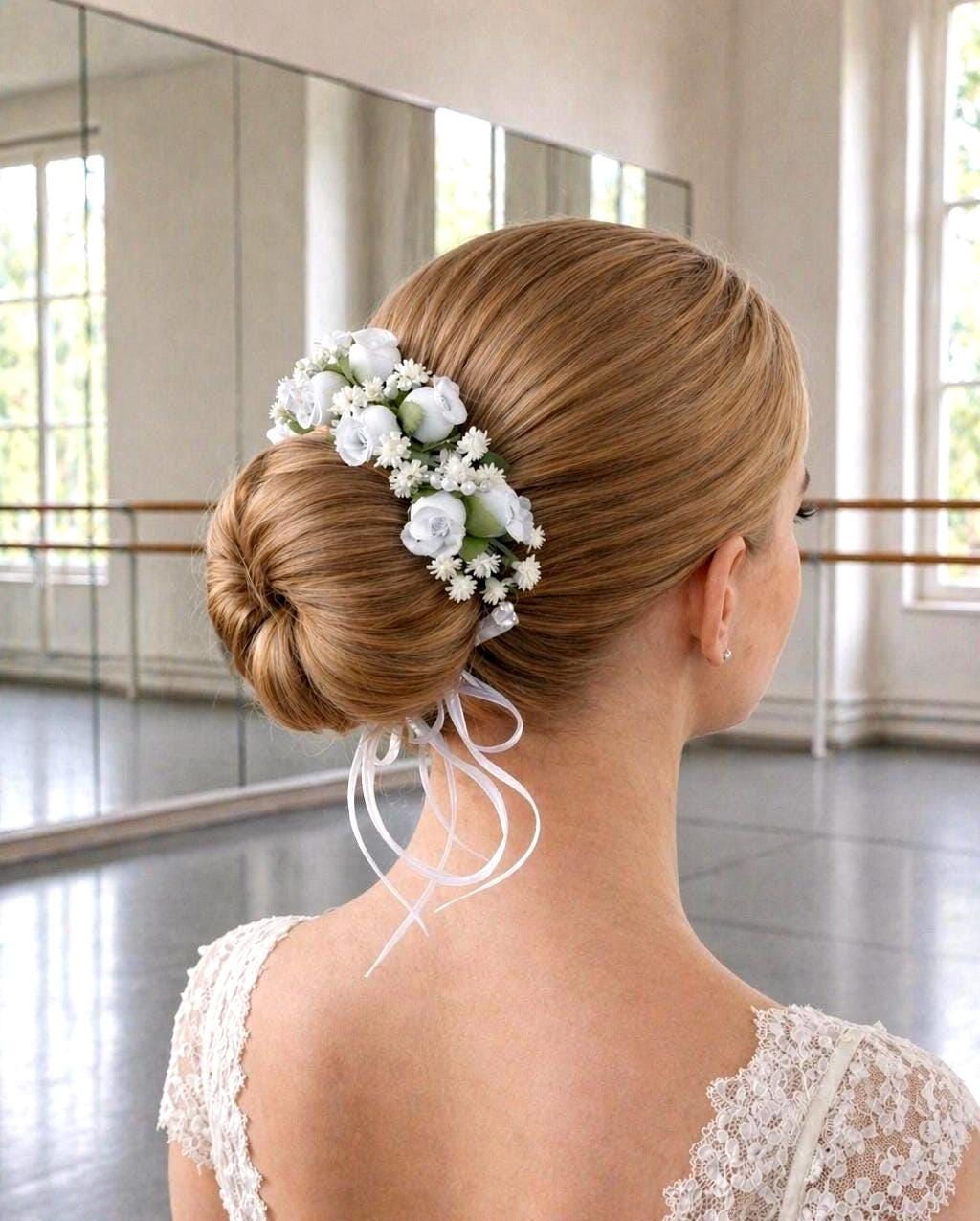 Low Bun With White Floral Crown — Dance Recital Hairstyles