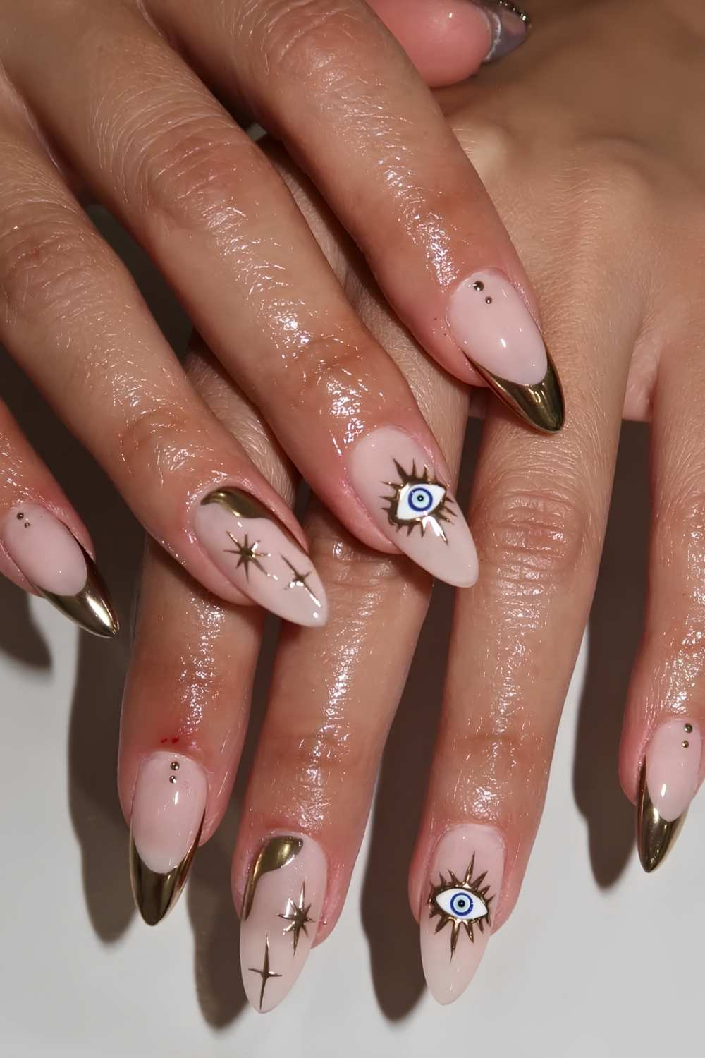 Gold Metallic French Evil Eye Nails Gold Metallic French Evil Eye Nails
