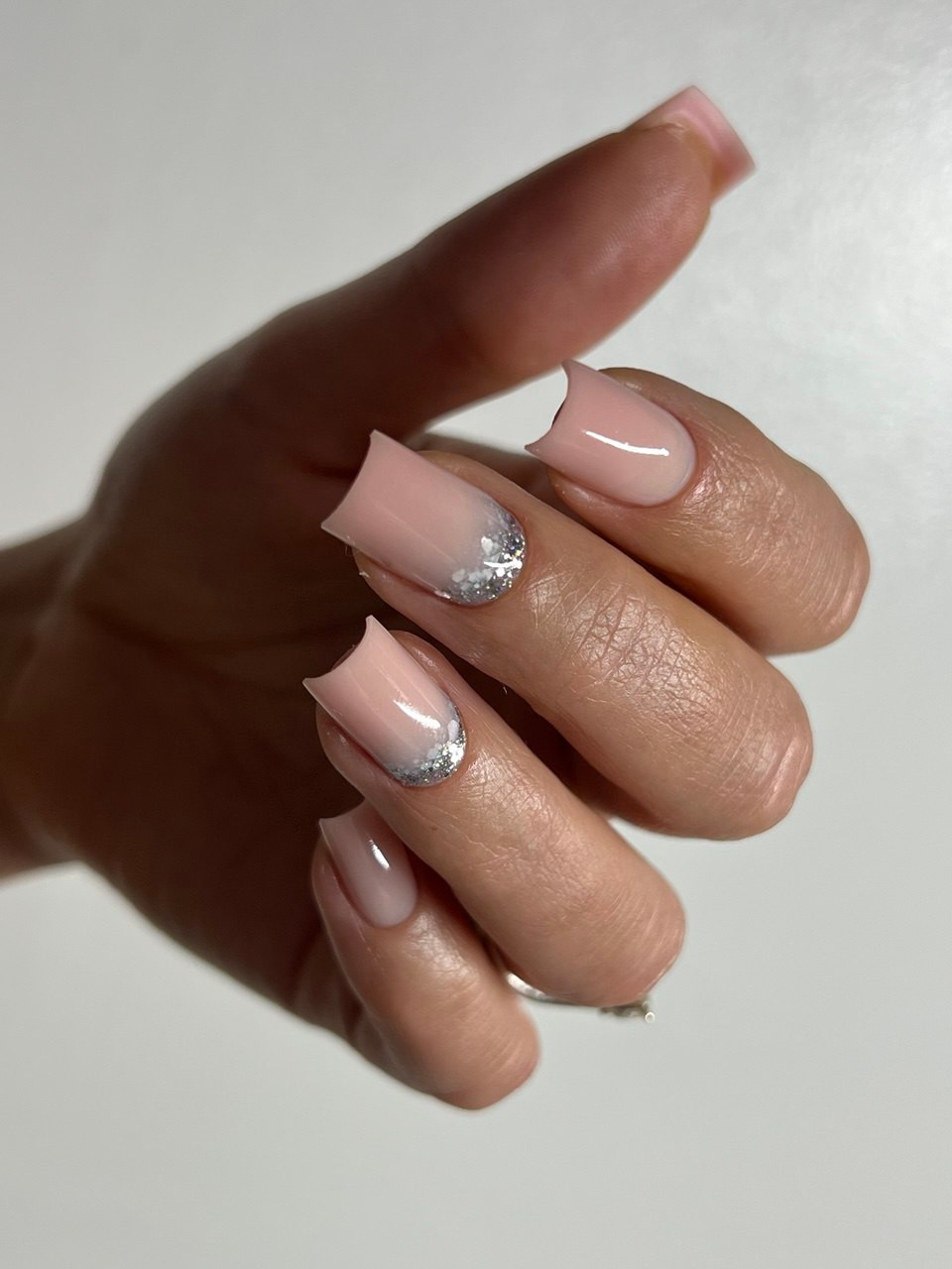 French Fade and Silver Glitter Square Nails French Fade and Silver Glitter Square Nails — Hard Gel Nails