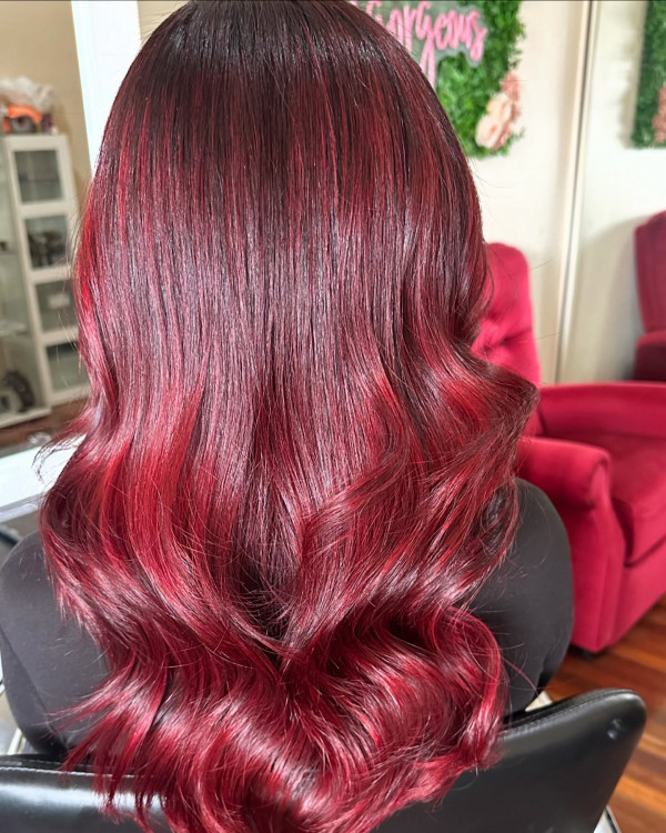 Long Layers Visual Idea — Cherry Red Hair