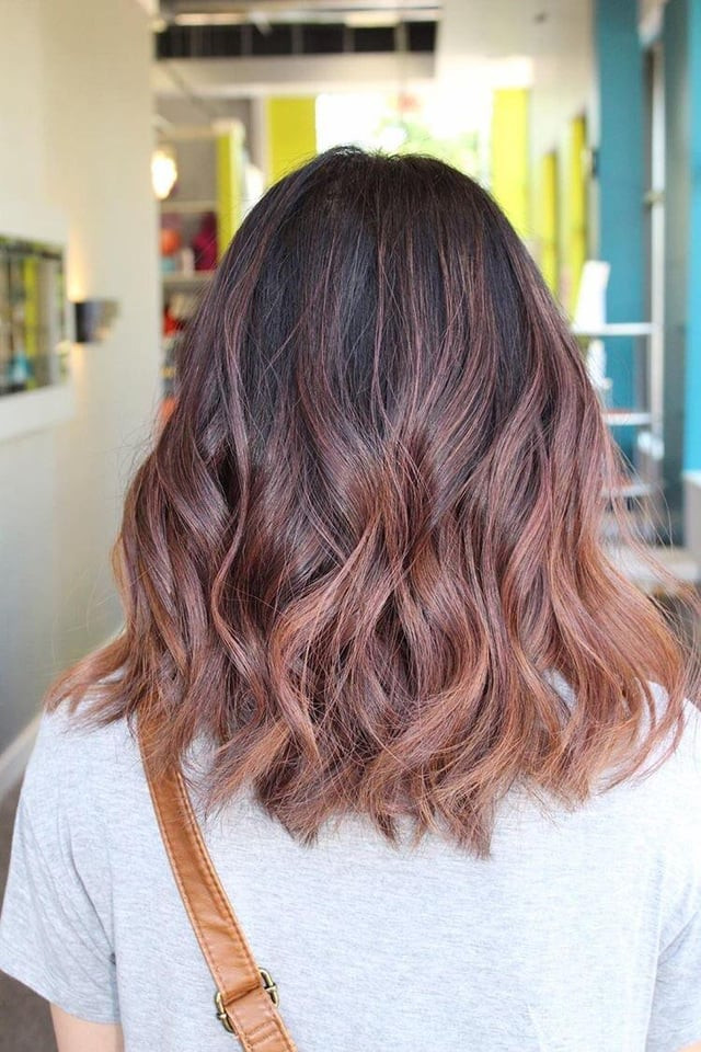 Dark Brown Base With Rose Gold Balayage Collarbone Layers With Rose Gold Balayage Dark Brown Base With Rose Gold Balayage Collarbone Layers With Rose Gold Balayage — Rose Gold Hair