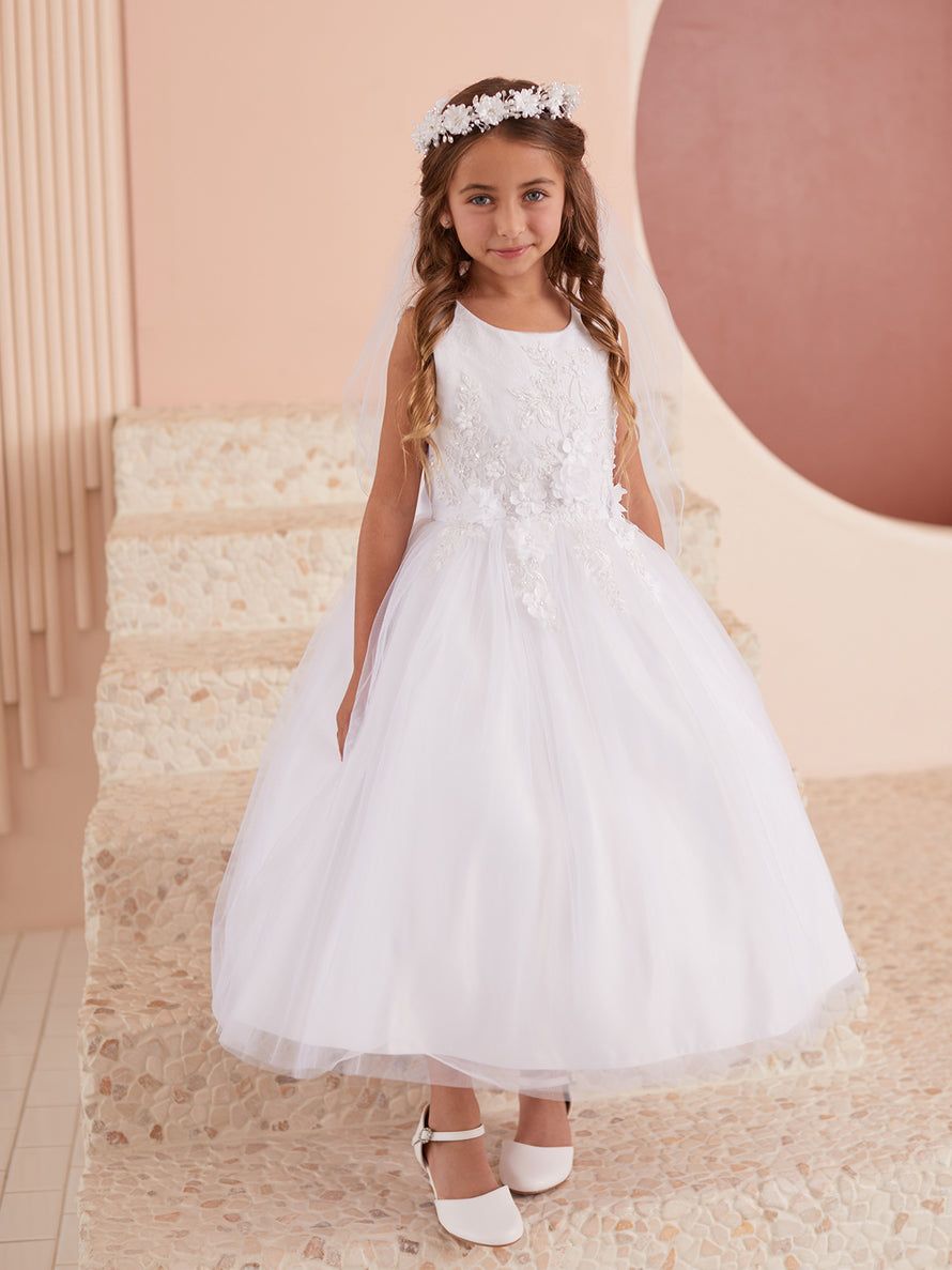 White Lace Bodice Dress with Floral Applique and Veil White Lace Bodice Dress with Floral Applique and Veil — Flower Girl Dresses