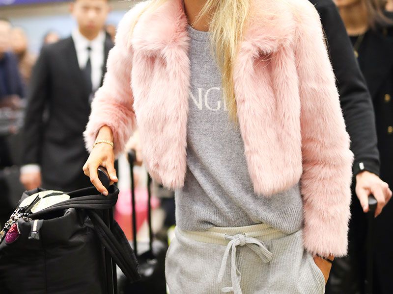 Faux Fur Jacket Over Waffle Knit Set — Long Flight Outfits