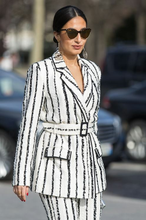 Geometric Gold Statement Earrings with a Striped Blazer Suit Geometric Gold Statement Earrings with a Striped Blazer Suit — Statement Earrings Outfits