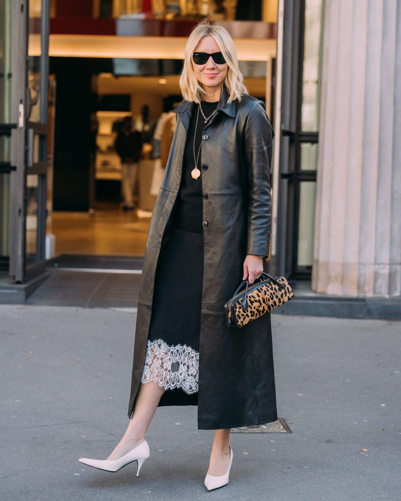 Leather Trench Coat and Lace Trim Dress Paired with White Slingbacks — Slingback Heels Outfits
