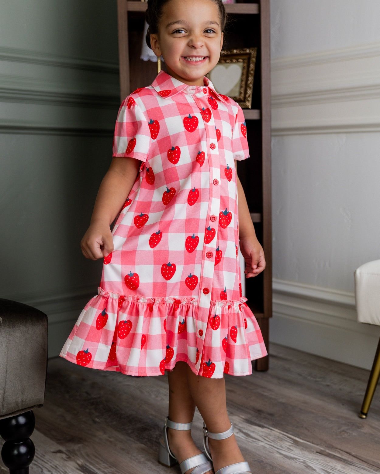 Pink Gingham Shirt Dress with Strawberry Print Pink Gingham Shirt Dress with Strawberry Print — Little Girl Dresses