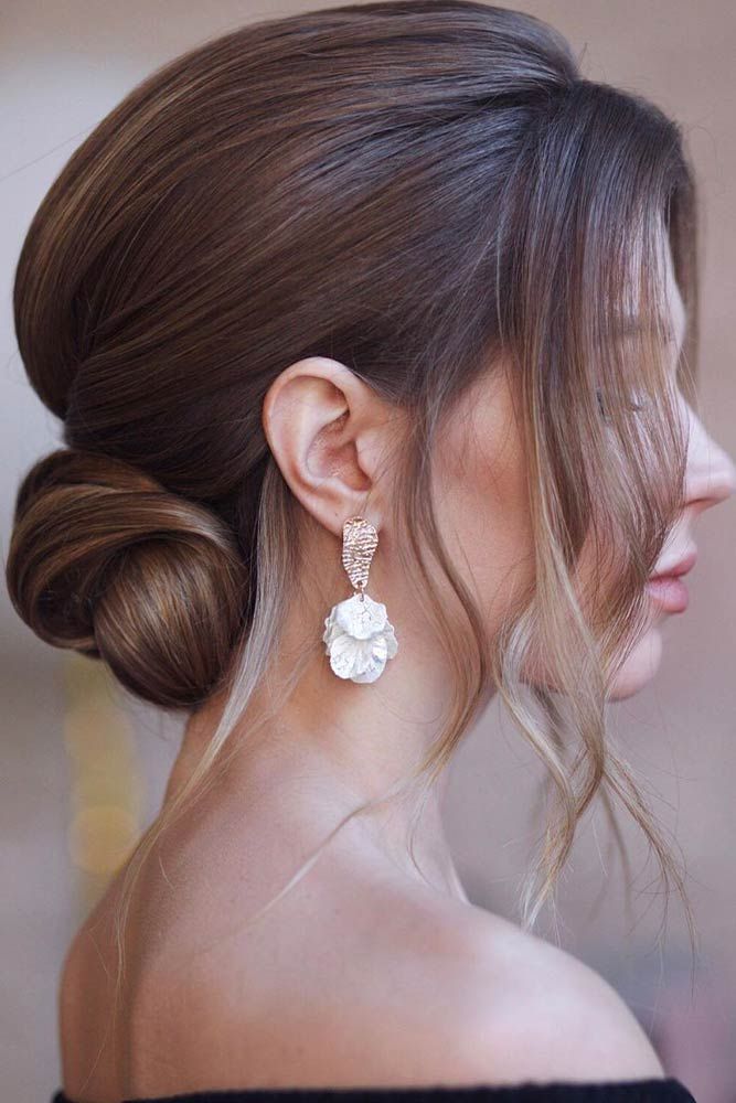 Voluminous Medium Brown Highlighted Bun — Sleek Low Bun