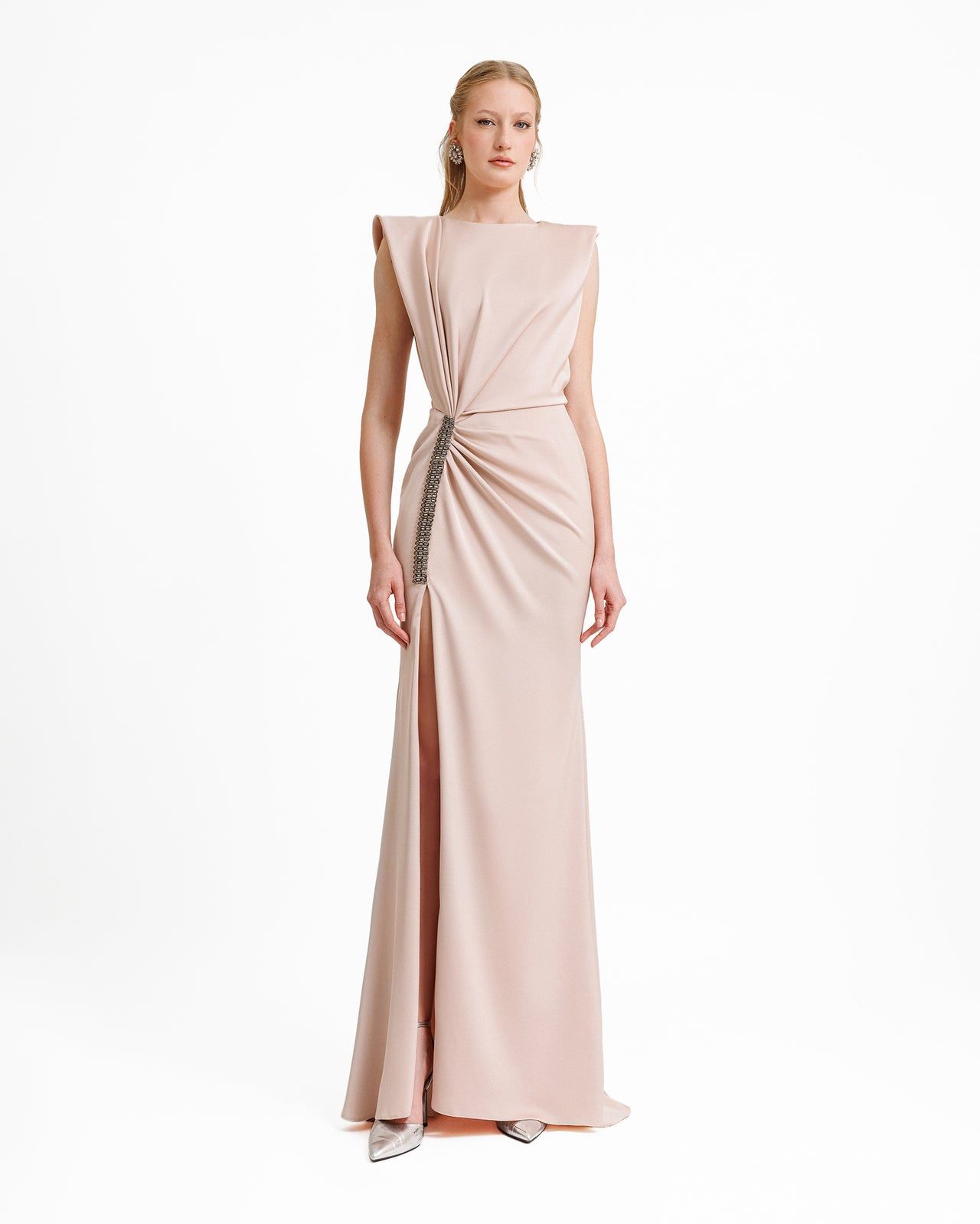 Pale Pink Maxi Dress with Padded Shoulders and Draped Bodice Pale Pink Maxi Dress with Padded Shoulders and Draped Bodice — Dresses for Broad Shoulders
