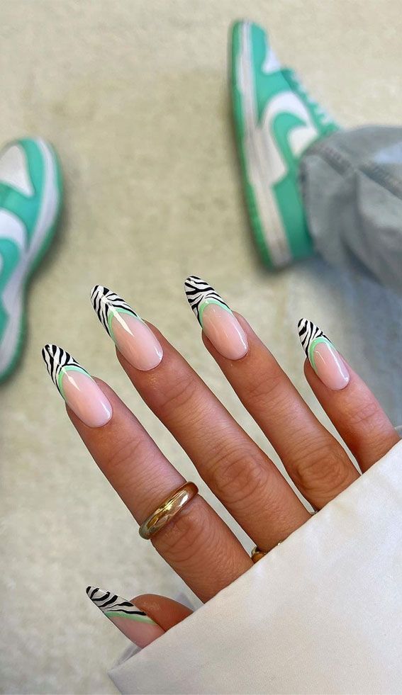 Zebra French Tips with Green Line Accents — Zebra Nails