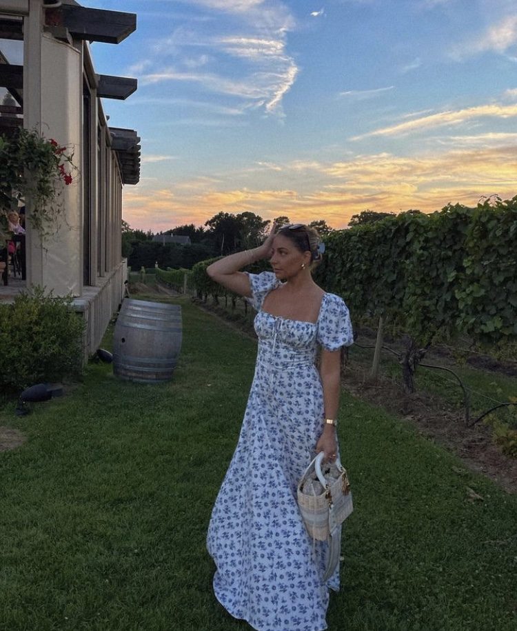 Puff-Sleeve Floral Midi Dress with Espadrille Wedges for a Winery Outing — Winery Outfits