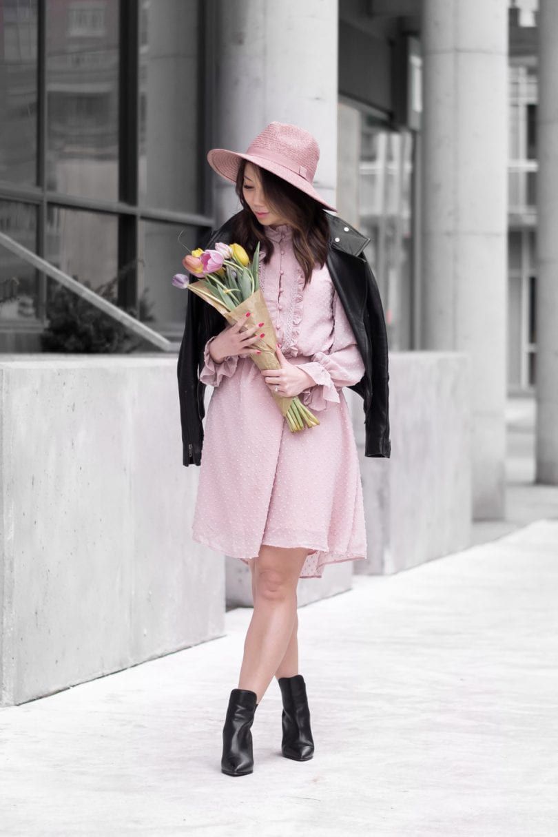Pink A-Line Dress with Leather Jacket and Straw Hat Pink A-Line Dress with Leather Jacket and Straw Hat — Toronto Outfits