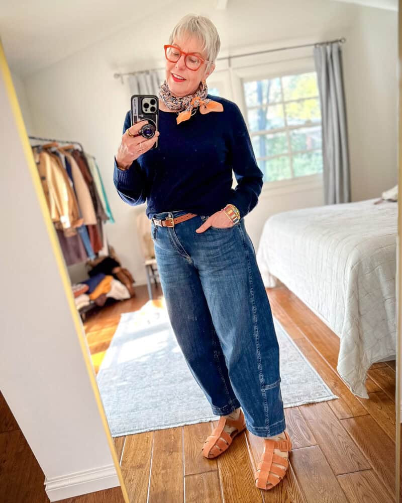 Navy Crewneck Sweater with Relaxed Jeans and Brown Belt — Dressy Casual Outfits