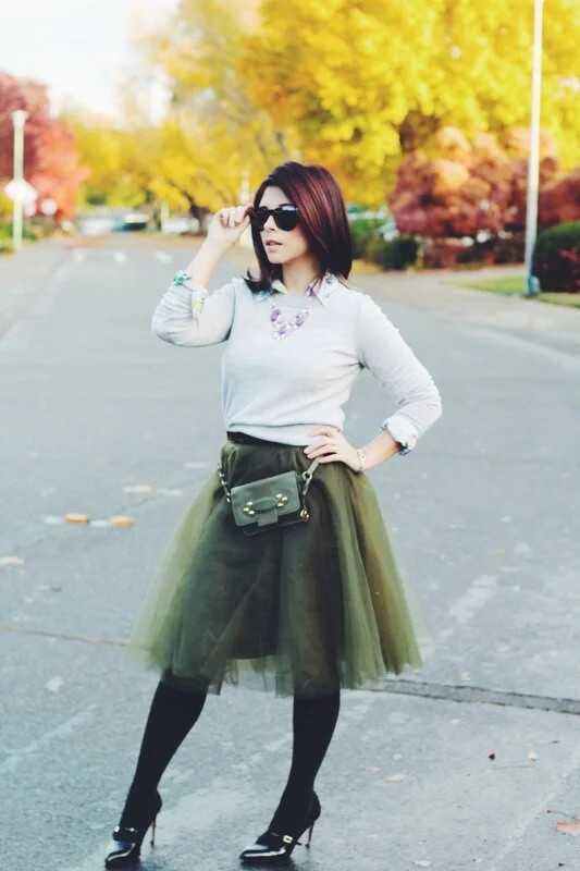 Olive Green Tulle Skirt with Grey Sweater Olive Green Tulle Skirt with Grey Sweater — Tulle Skirts