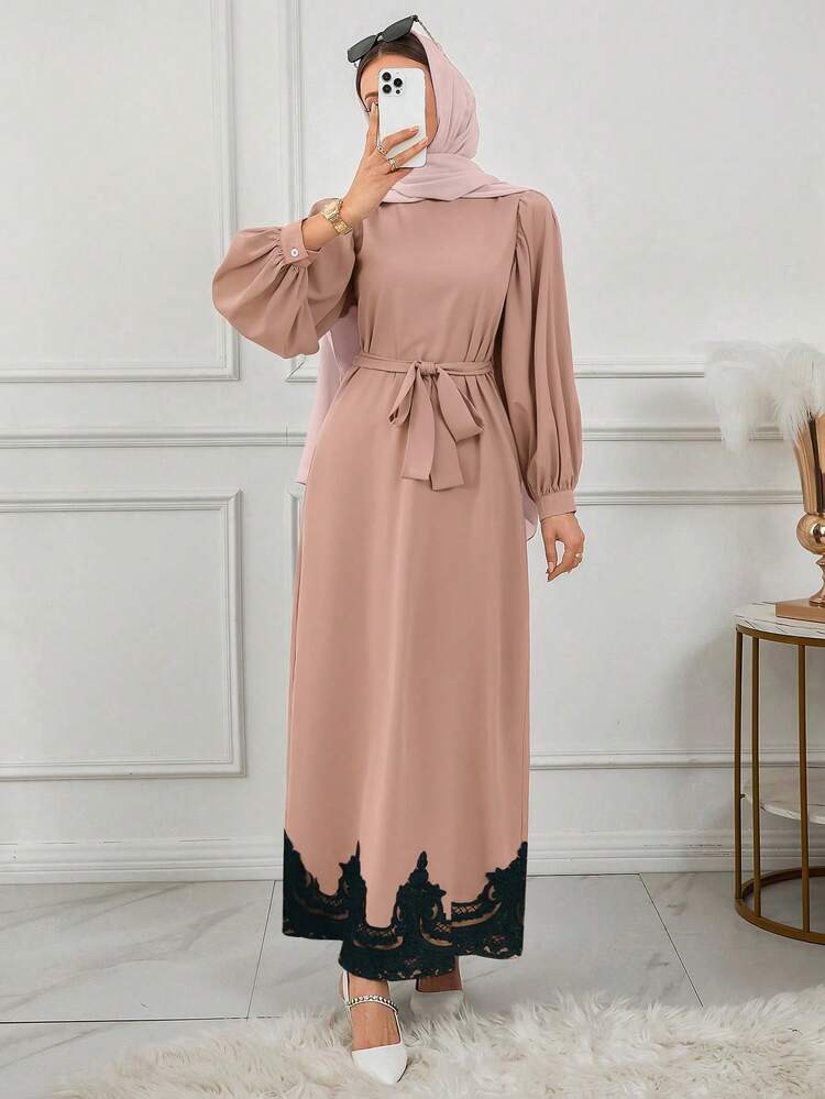 Dusty Rose Maxi Dress with Black Lace Hem Trim Dusty Rose Maxi Dress with Black Lace Hem Trim — Hijab Wedding Guest Outfits