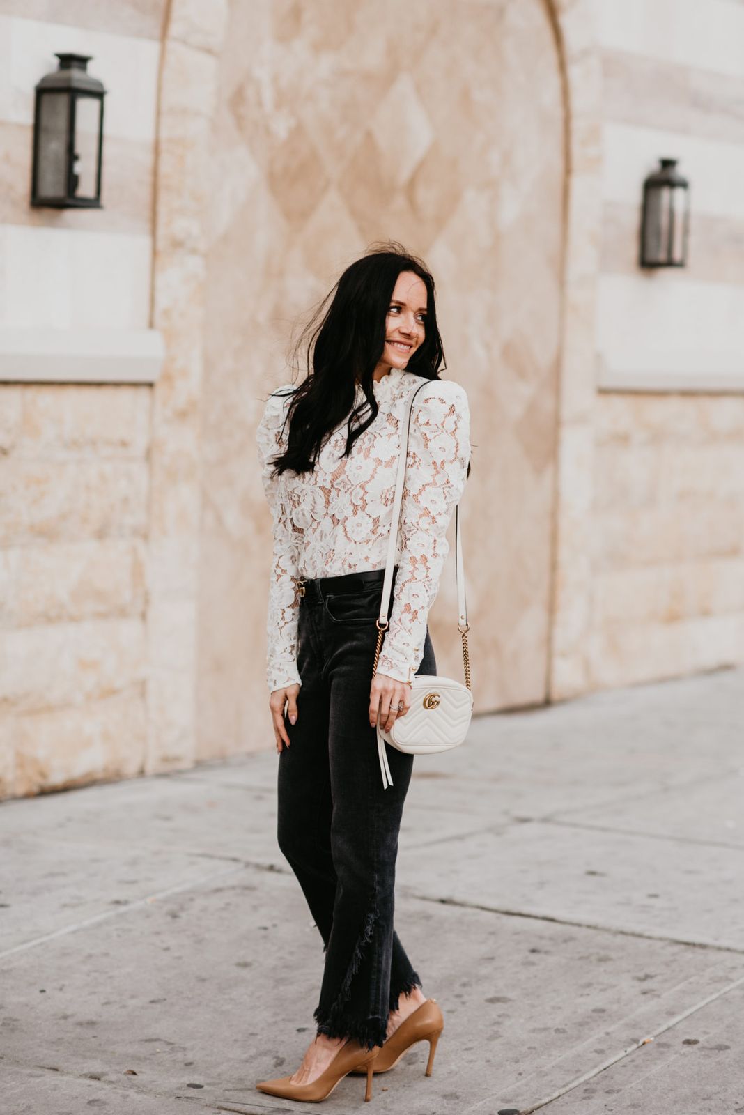 Puffed Sleeve White Lace Top with Straight-Leg Jeans Puffed Sleeve White Lace Top with Straight-Leg Jeans — Lace Top Outfits