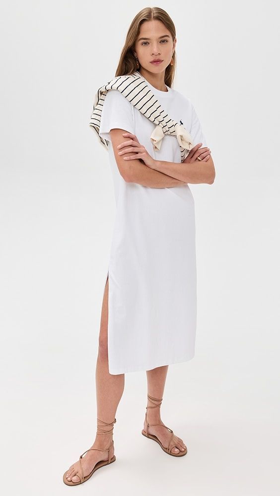 White Tee Dress with Draped Sweater and Tan Sandals White Tee Dress with Draped Sweater and Tan Sandals — T Shirt Dress Outfits