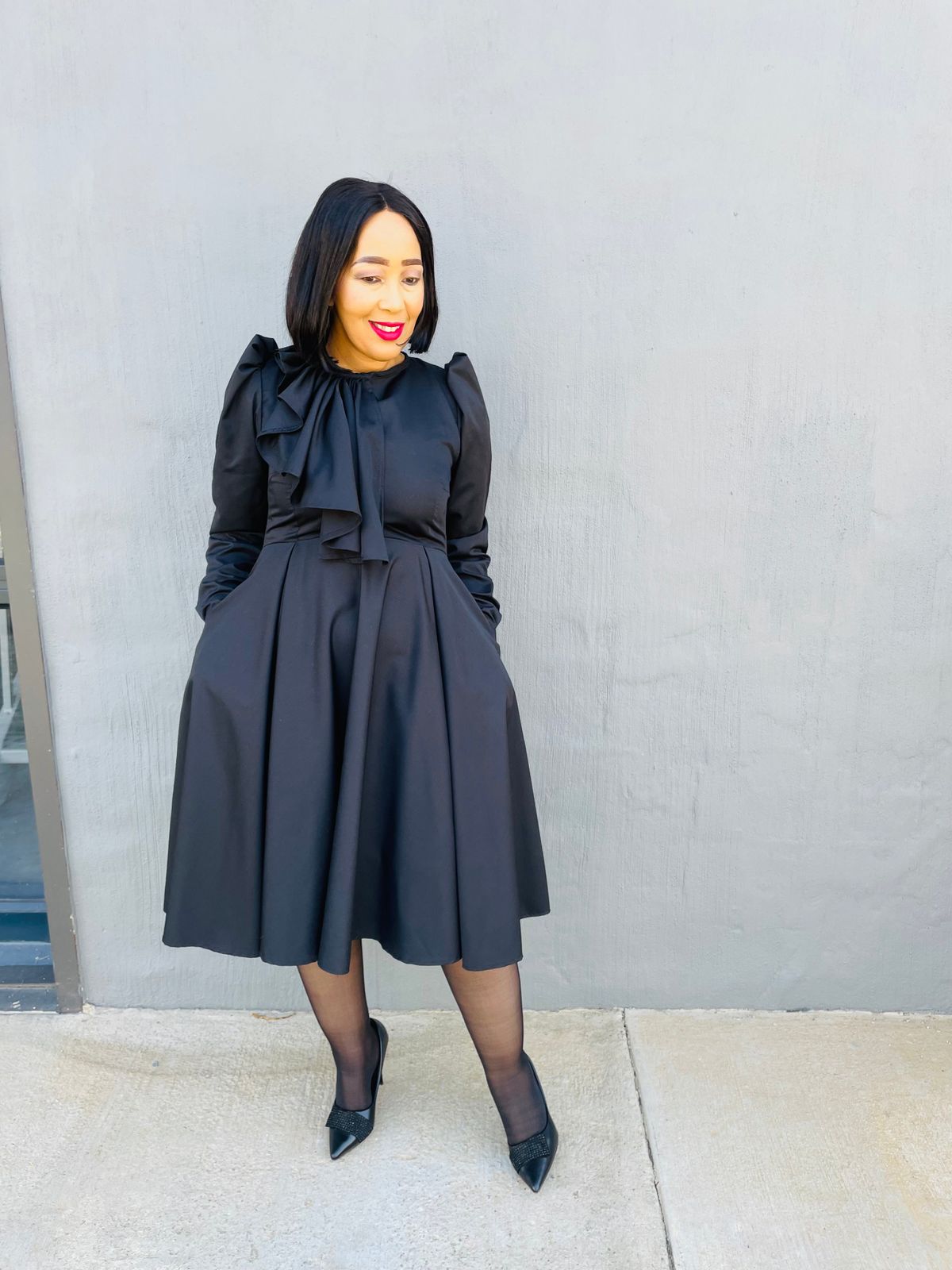 Midi Dress with Puffed Sleeves and Ruffled Neckline — Funeral Dresses