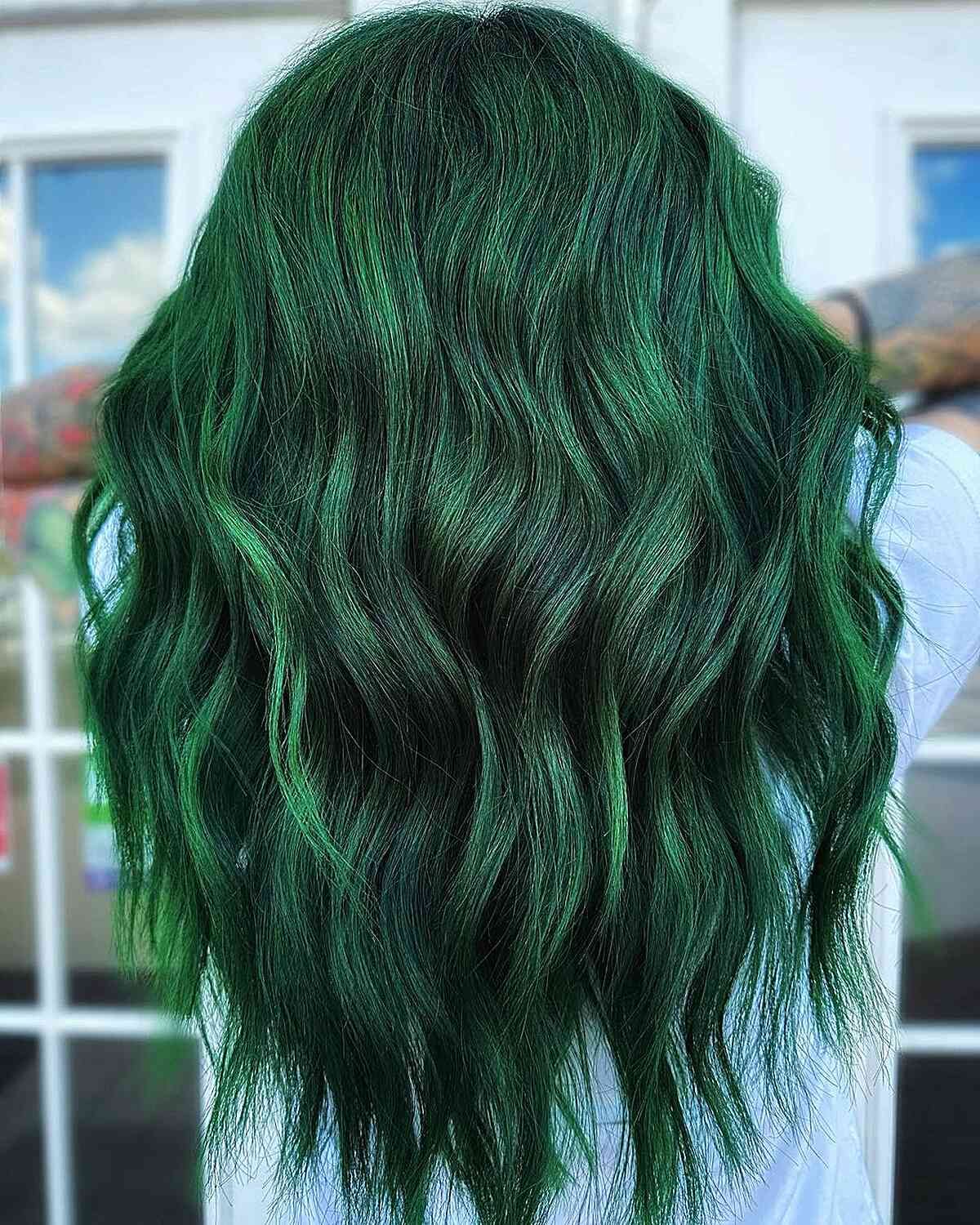 Emerald Green With Subtle Highlights Vibrant Emerald Green Waves Emerald Green With Subtle Highlights Vibrant Emerald Green Waves — Olive Green Hair