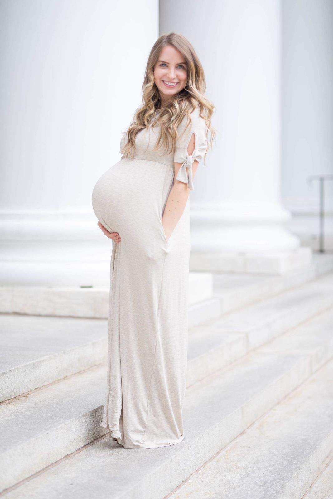 Light Beige Jersey Knit Maternity Maxi Dress with Tie Details Light Beige Jersey Knit Maternity Maxi Dress with Tie Details — Maternity Dresses