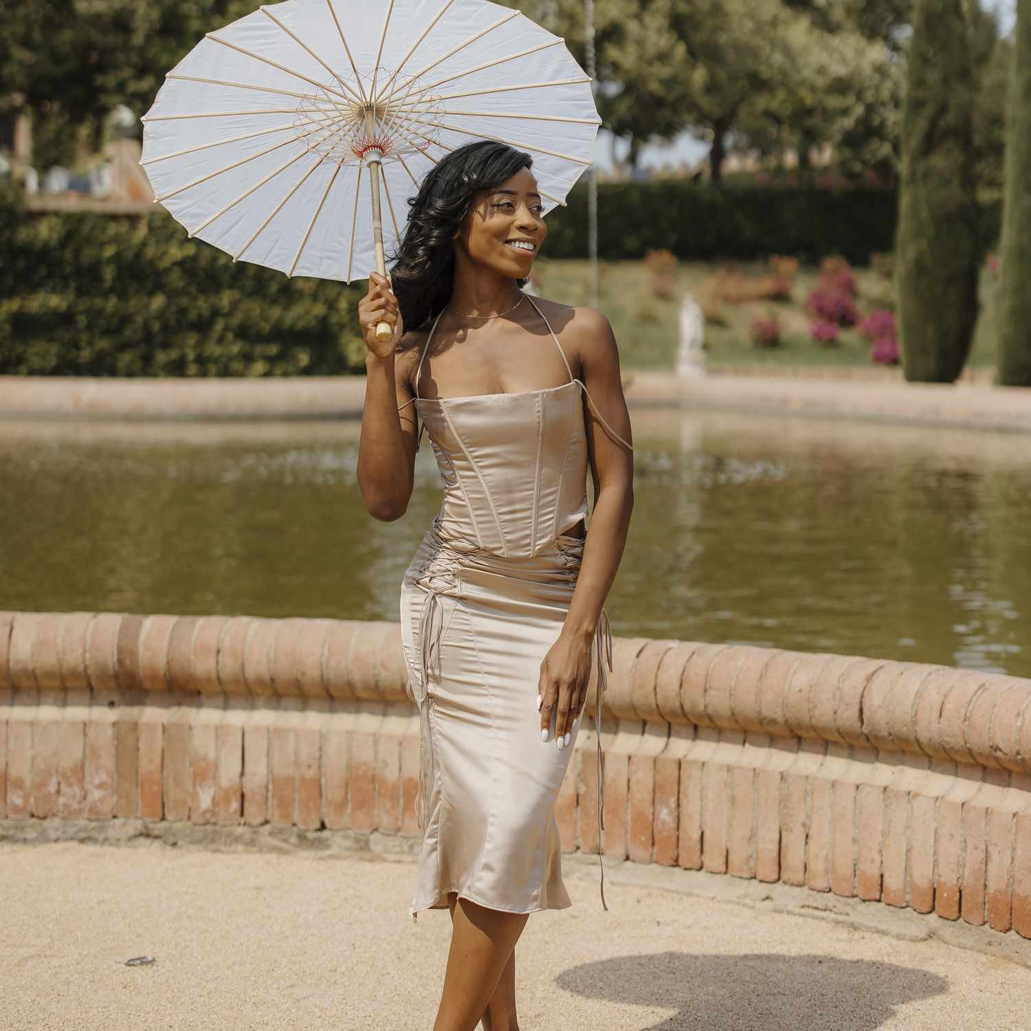 Champagne Satin Midi Dress with Corset Bodice and Ruching Champagne Satin Midi Dress with Corset Bodice and Ruching — Cocktail Attire Outfits
