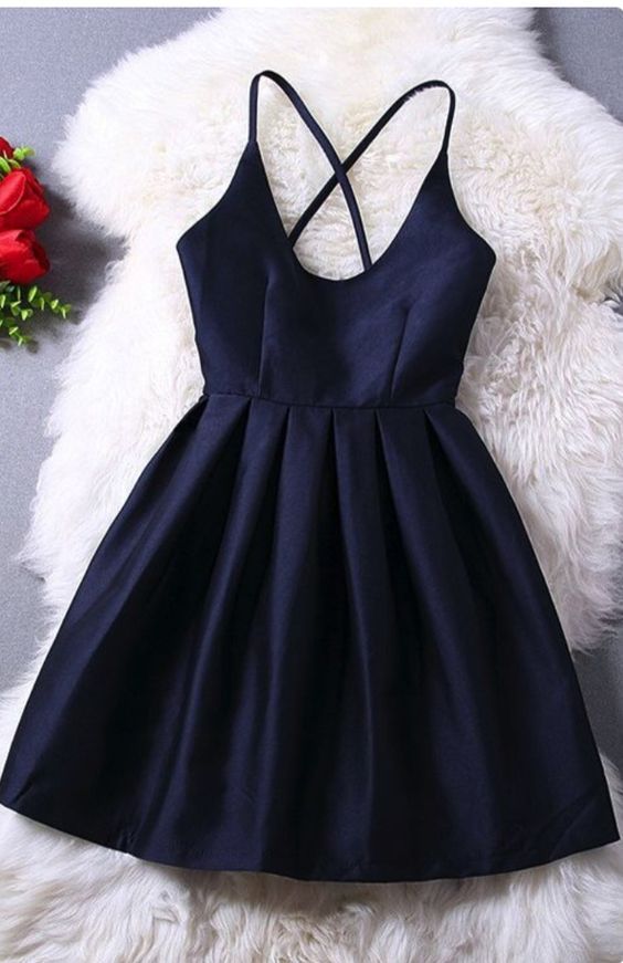 Navy Blue Satin A-Line Dress with Criss-Cross Back — Sweet 16 Dresses