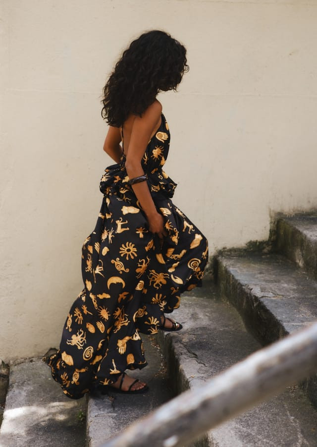 Black Gold Graphic Print Halter Neck Maxi Dress — Vacation Dresses