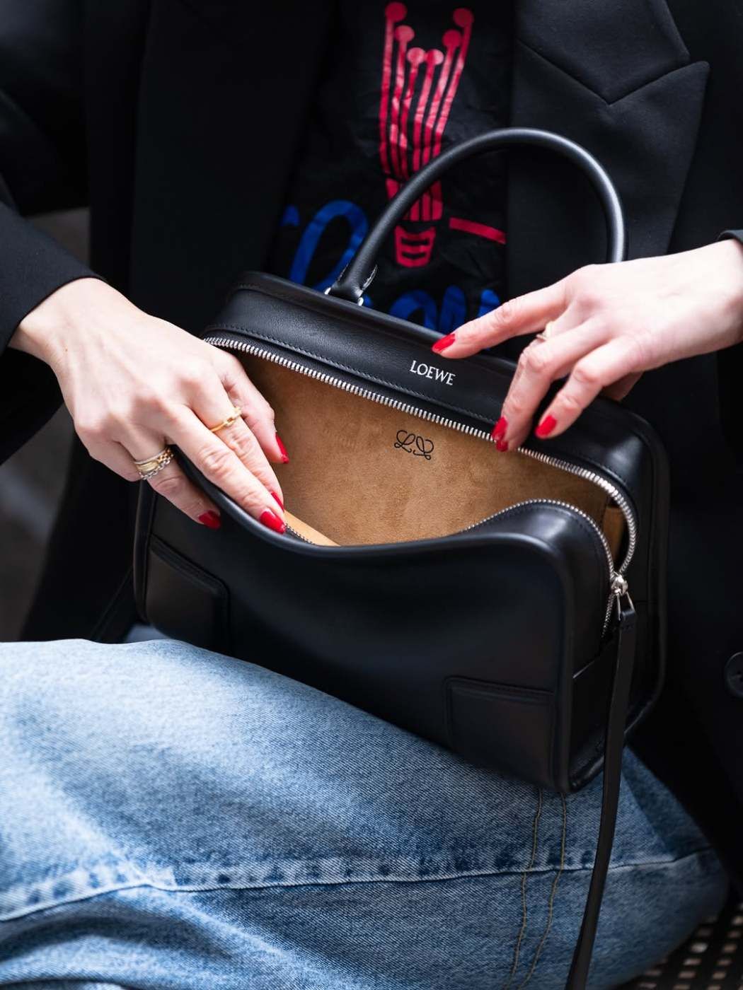 Edgy Daytime Look with a Black Leather Loewe Handbag — Loewe Bag Outfits