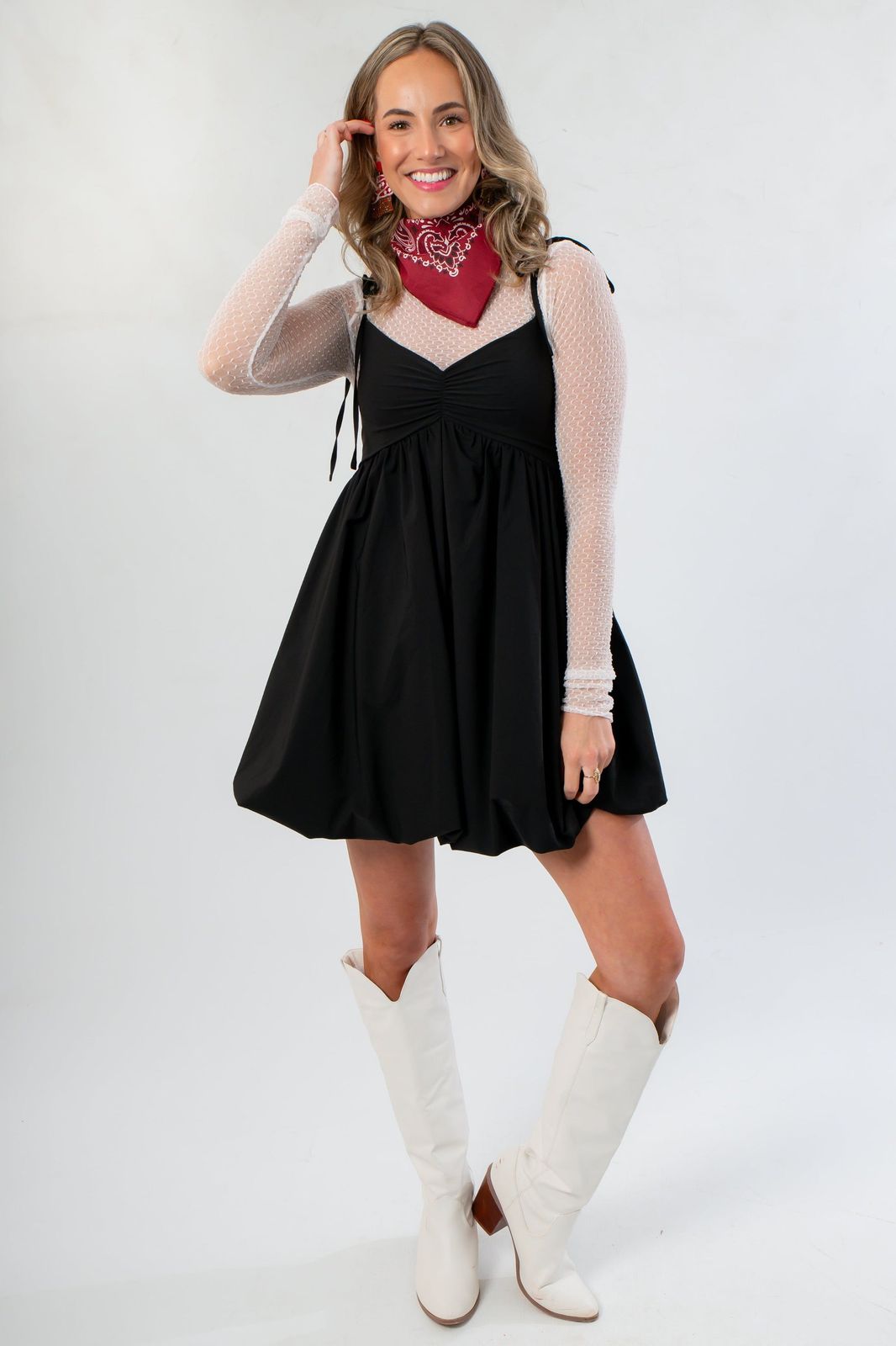 Black Slip Dress with Bubble Hem Over Sheer Dotted Top and Cowboy Boots — Bubble Hem Dresses