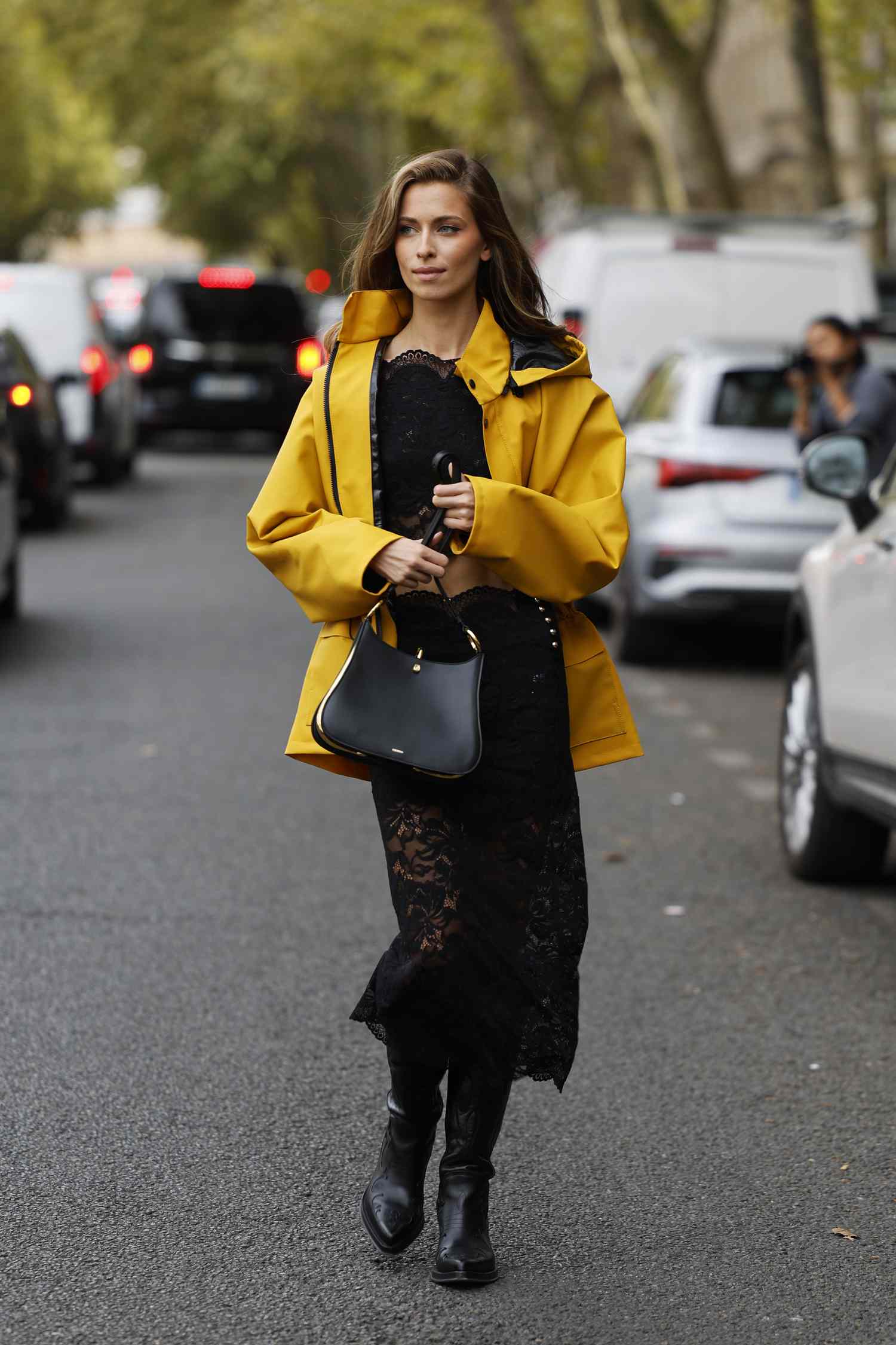 Bold Yellow Jacket Over Black Lace for a Rainy Day Pop Bold Yellow Jacket Over Black Lace for a Rainy Day Pop — Rainy Day Outfits
